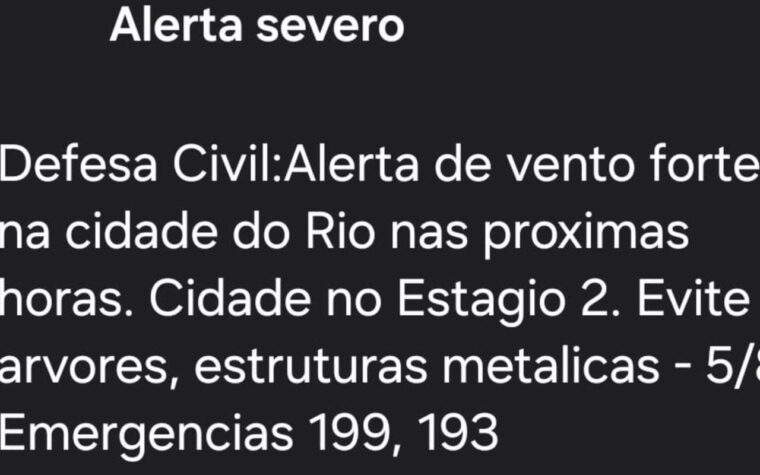 Defesa Civil do Rio emite alerta para ventos fortes